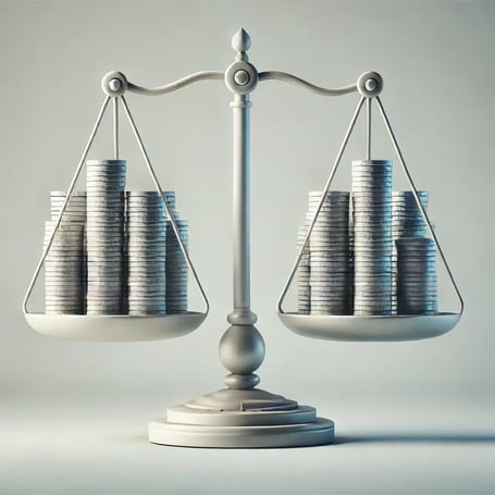 DALL·E 2024-12-03 14.26.48 - A clean and modern conceptual illustration representing cost stability. The image features a balanced scale with coins or stacks of money on each side